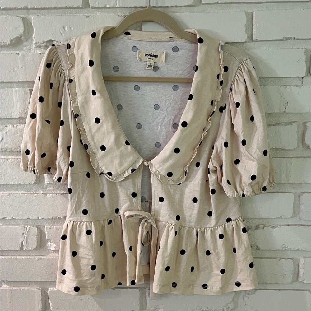 Porridge Cream Polka Dot Puff-Sleeve Peplum Blouse